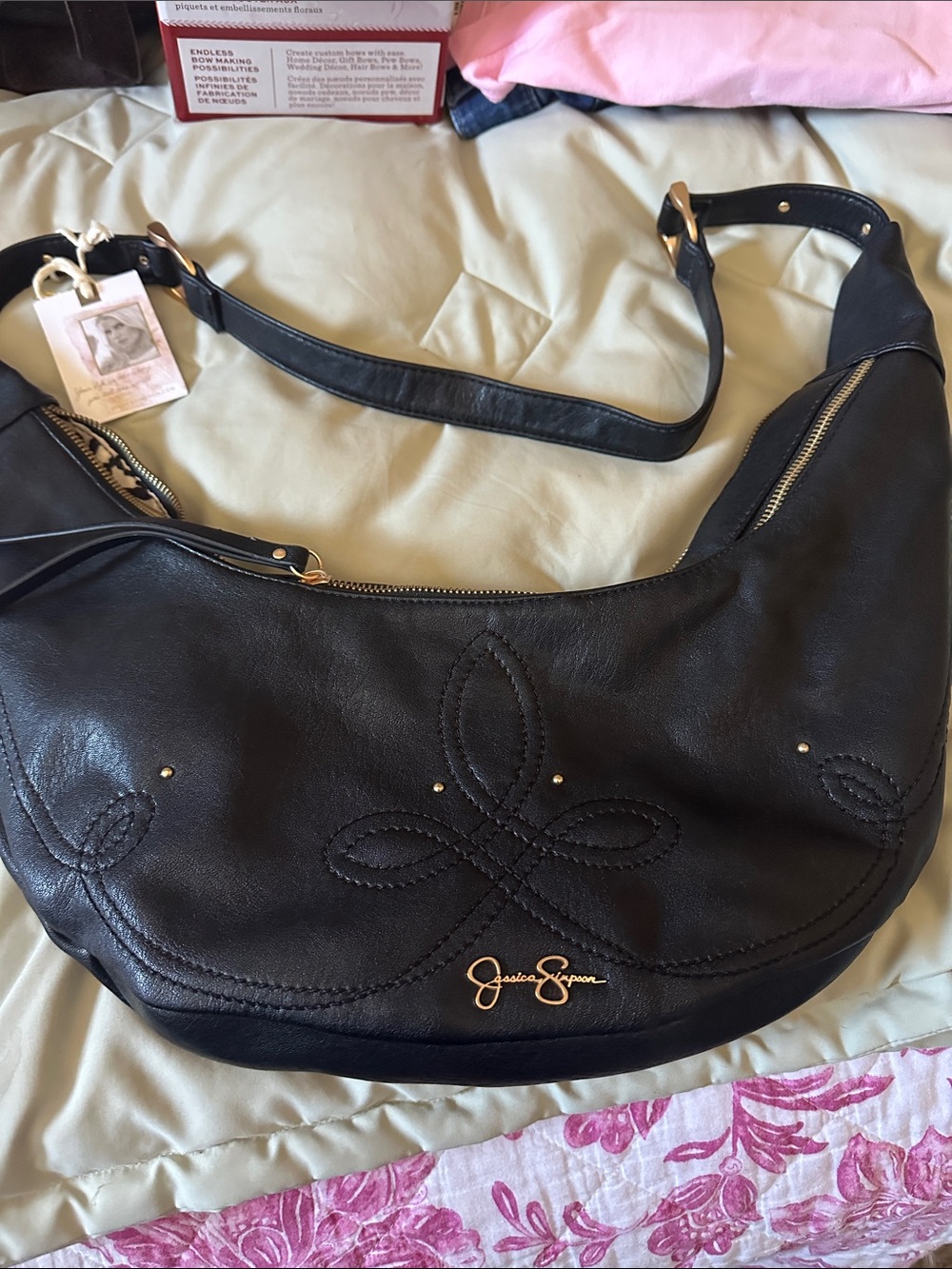 Jessica Simpson Black Leather Shoulder Hobo Bag with Gold Logo